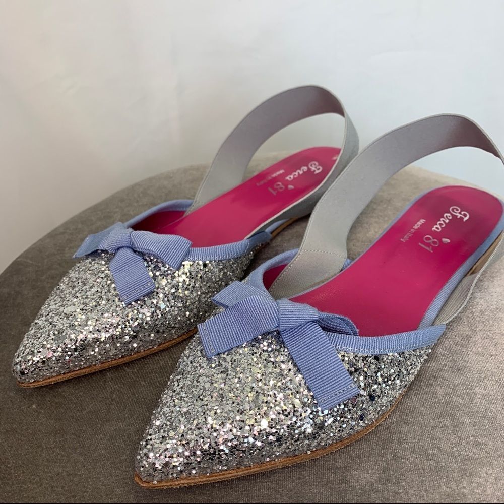 FERCA 81 Silver glitter blue bow Slingback flats Sz 39